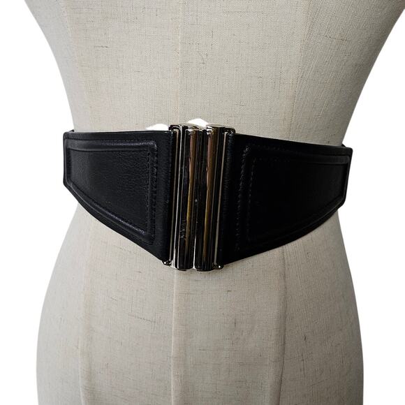 Express Elastic Front Slide Close Belt XS/S‎ Black Faux Leather Stretch - Picture 1 of 7